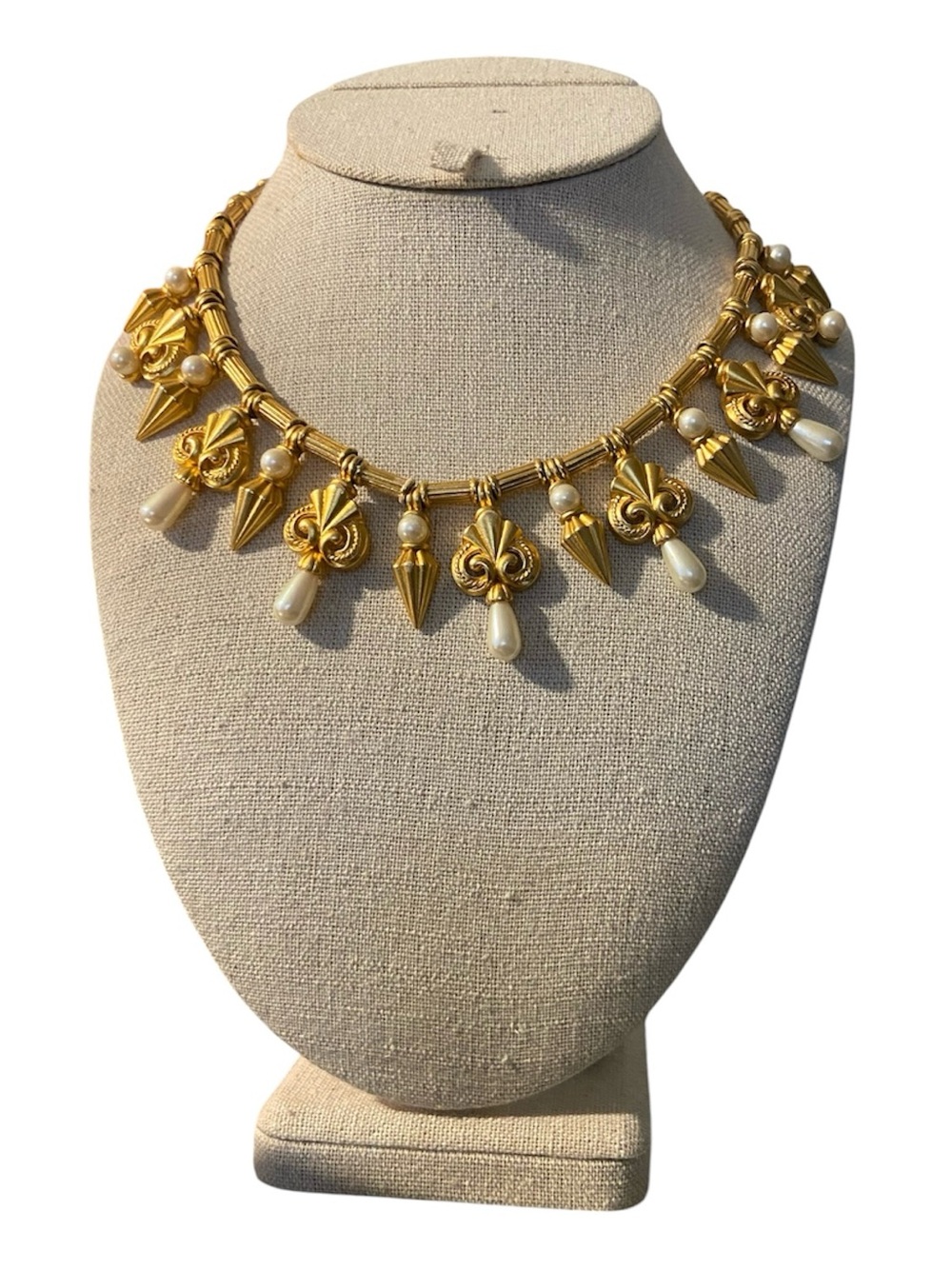 ALFRED SUNG Gold and Ivory Pearl Fleur-de-Lis Drop Necklace